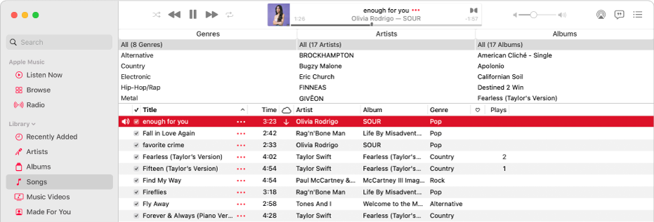 The main Music window: The column browser is to the right of the sidebar and above the list of songs.