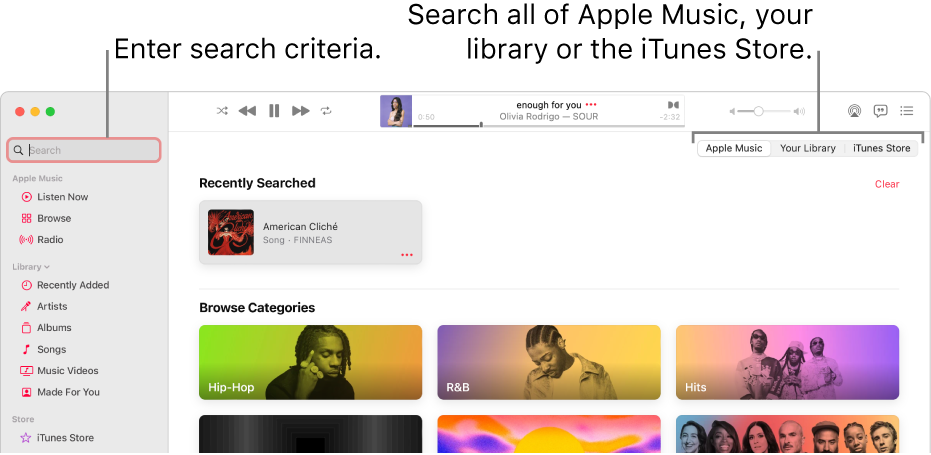 The Apple Music window showing the search field in the top-left corner, the list of categories in the center of the window and Apple Music, Your Library and iTunes Store available in the top-right corner. Enter search criteria in the search field, then choose to search all of Apple Music, just your library or the iTunes Store.