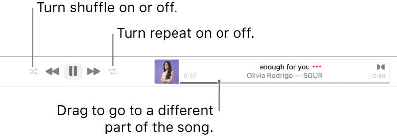 The banner with a song playing. The Shuffle button is in the top-left corner; the Repeat button is in the top-right corner. Drag the scrubber to go to a different part of the song.