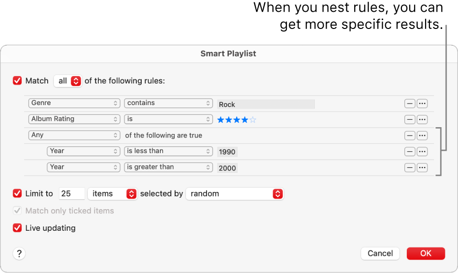 The Smart Playlist dialogue: Use the Nest button on the right to create additional, nested rules to get more specific results.