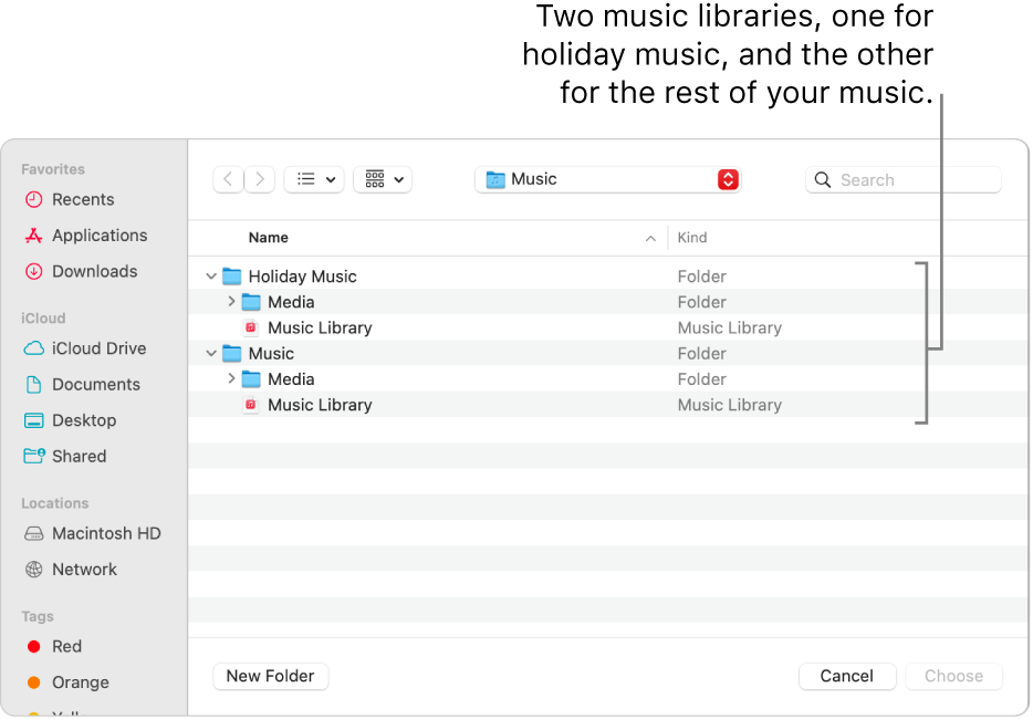 The Finder window showing multiple libraries—one for holiday music, and the other for the rest of your music.