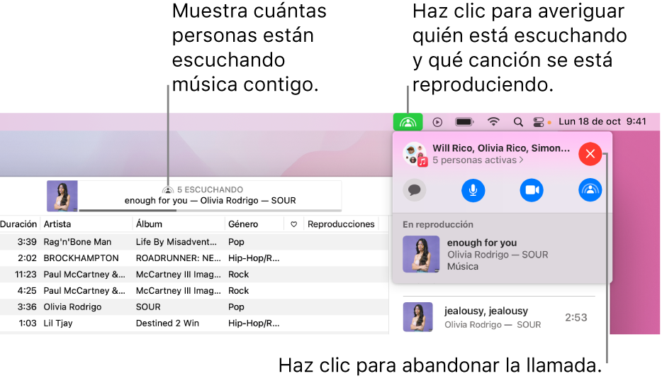 La ventana de Apple Music con una canción reproduciéndose mientras se usa SharePlay. La ventana de reproducción muestra cuántas personas están escuchando música. A la derecha, se hace clic en el ícono de SharePlay y se muestra quién está escuchando y la canción que se está reproduciendo en ese momento. Debajo de eso, puedes hacer clic en el botón Cerrar.