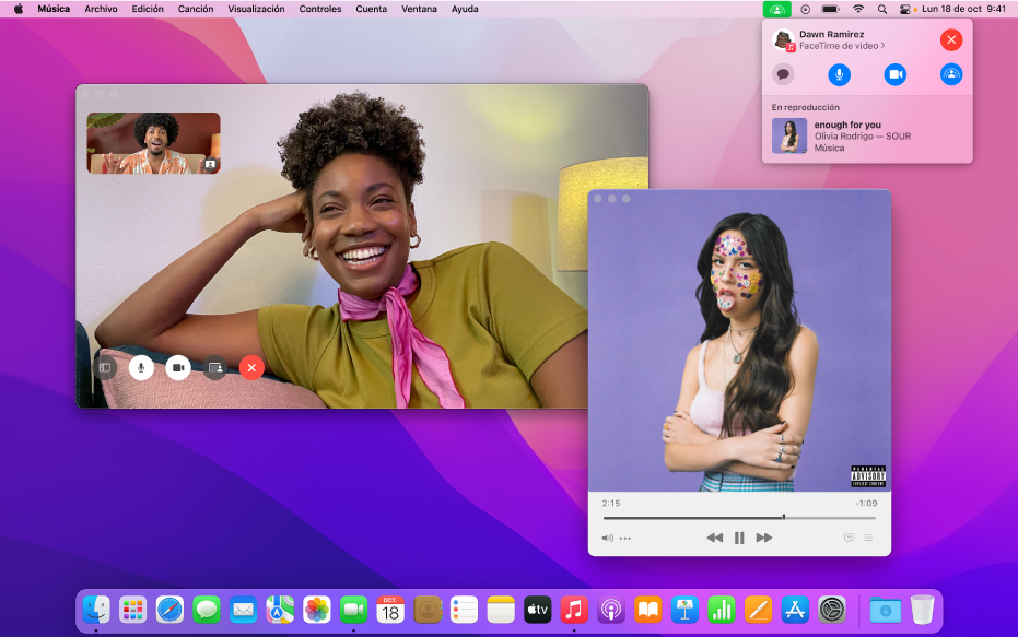 La ventana de FaceTime mostrando una llamada con los participantes usando SharePlay para escuchar un álbum juntos.