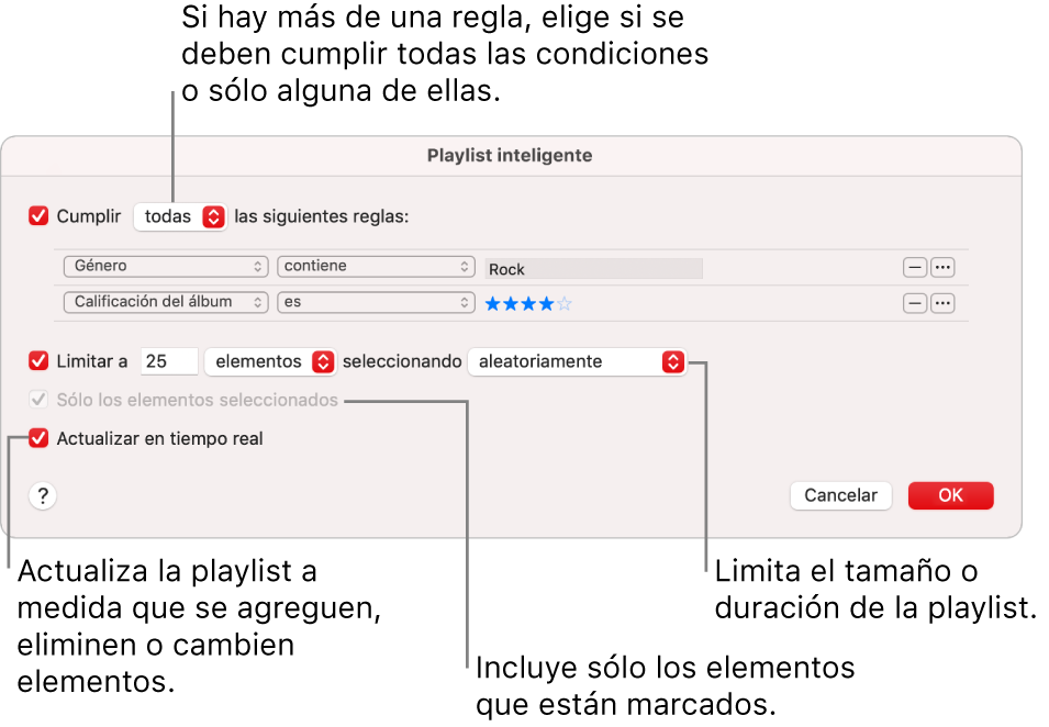 El diálogo de la playlist inteligente: en la esquina superior izquierda, selecciona Cumplir y especifica los criterios de la playlist (por ejemplo, un género o calificación). Continúa agregando o eliminando reglas haciendo clic en el botón Agregar o Eliminar en la esquina superior derecha. Selecciona varias opciones en el área inferior del diálogo, por ejemplo, puedes limitar el tamaño o la duración de la playlist, incluir sólo las canciones seleccionadas o hacer que Música actualice la playlist como elementos en tu cambio de biblioteca.