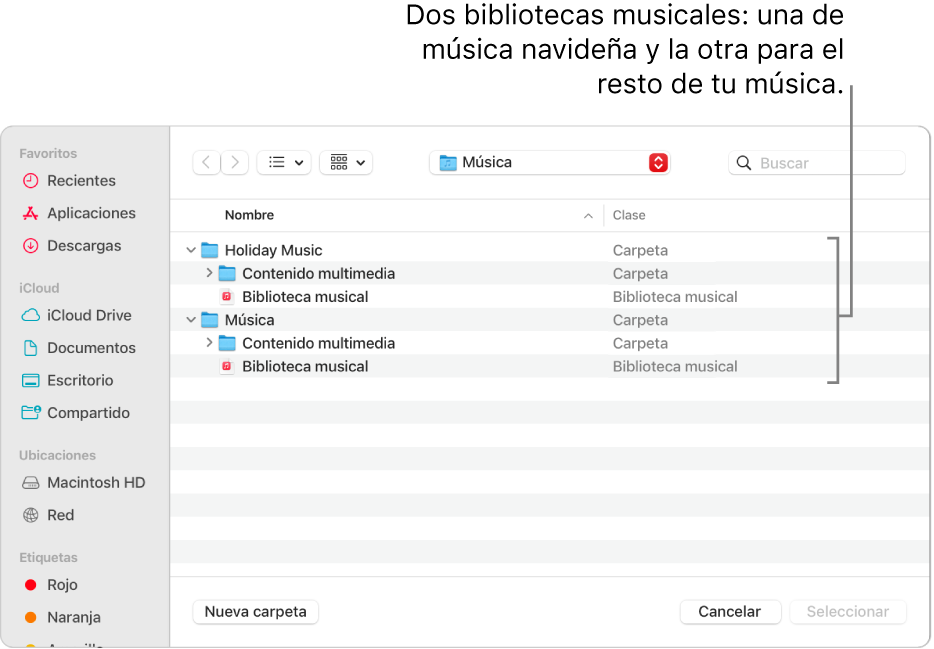 La ventana del Finder mostrando varias bibliotecas: una para música navideña y la otra para el resto de tu música.