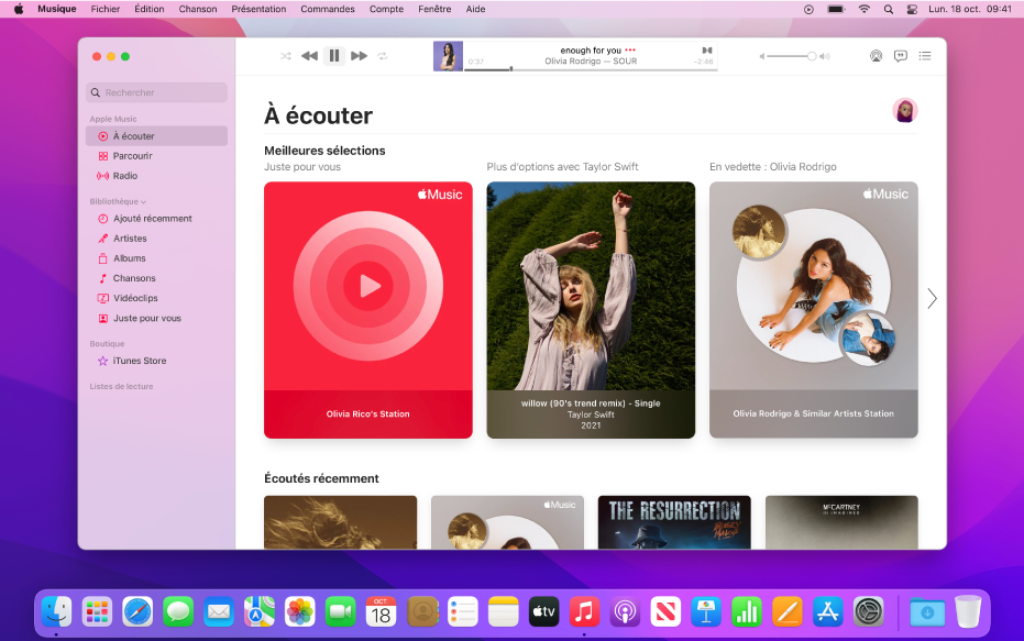 La fenêtre d’Apple Music affichant à l’écoute.