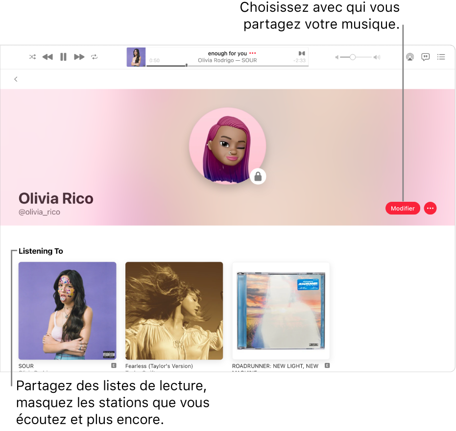 La page de profil dans Apple Music : Sur le côté droit de la fenêtre, cliquez sur Modifier pour choisir qui peut vous suivre. À droite de Modifier, cliquez sur le bouton Plus pour partager votre musique.