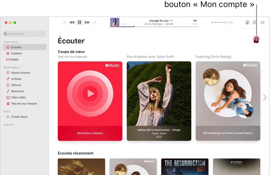 La fenêtre Apple Music montrant Écouter. Le bouton « Mon compte » (qui ressemble à une photo ou à un monogramme) se trouve dans le coin supérieur droit de la fenêtre.