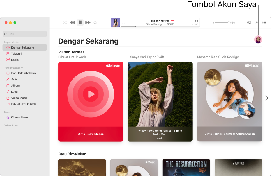 Jendela Apple Music menampilkan Dengar Sekarang. Tombol Akun Saya (yang terlihat seperti foto atau monogram) ada di pojok kanan atas jendela.