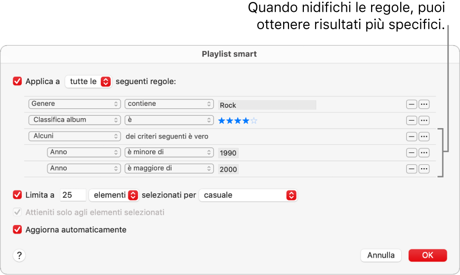 La finestra di dialogo Playlist smart: usa il pulsante Nidifica sulla destra per creare altre regole nidificate e ottenere risultati più specifici.