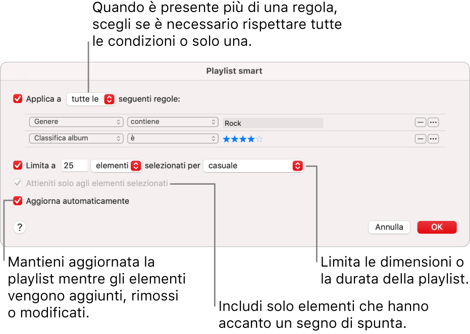 La finestra di dialogo Playlist smart: nell’angolo in alto a sinistra, seleziona Utilizza, quindi specifica i criteri della playlist (ad esempio, genere o classifica). Continua ad aggiungere o rimuovere regole facendo clic sui pulsante Aggiungi o Rimuovi nell’angolo in alto a destra. Seleziona varie opzioni nella parte inferiore della finestra di dialogo, ad esempio limitare le dimensioni o la durata della playlist, includendo solo i brani che sono selezionati o fare in modo che Musica aggiorni la playlist mentre gli elementi nella tua libreria cambiano.