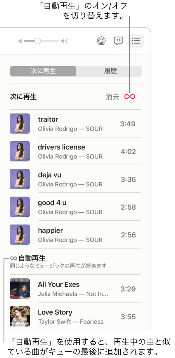 「次に再生」キュー。自動再生ボタンをクリックすると、オン/オフが切り替わります。自動再生がオンのときは、似たような曲がキューの終わりに追加されます。