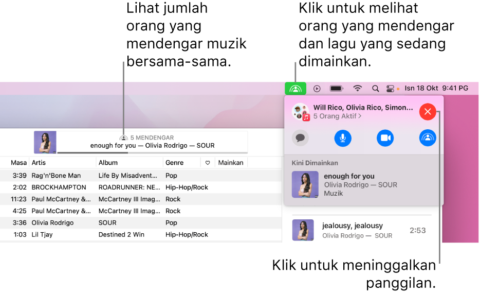 Tetingkap Apple Music dengan lagu dimainkan semasa menggunakan SharePlay. Tetingkap main balik menunjukkan bilangan orang yang mendengar muzik bersama. Di sebelah kanan, ikon SharePlay diklik dan anda boleh melihat orang yang mendengar dan lagu yang sedang dimainkan. Di bawahnya, anda boleh mengklik butang Tutup.