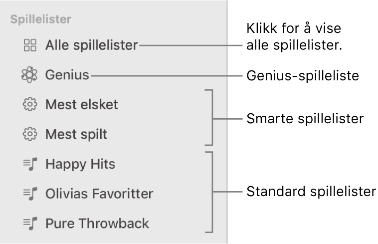 Musikk-sidepanelet som viser de forskjellige spillelistetypene: Genius-, smarte og standardspillelister. Klikk på Alle spillelister for å vise alle.