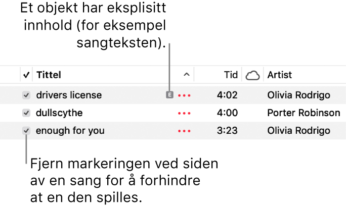 Utsnitt av Sanger-visningen i Musikk, med avkrysningsruter til venstre og et eksplisitt-symbol for den første sangen (som indikerer at den inneholder upassende innhold, for eksempel sangtekst). Fjern markeringen i avkrysningsruten ved siden av en sang for å hindre avspilling.