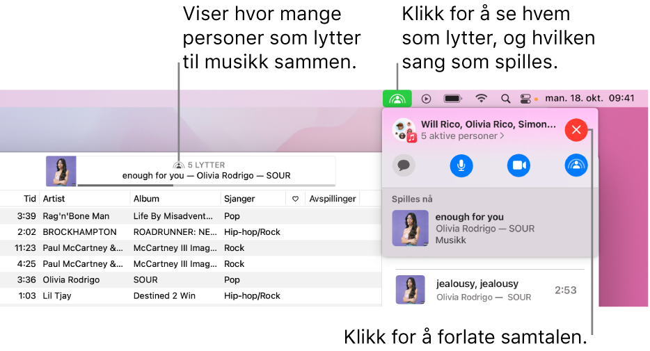 Apple Music-vinduet med en sang som spilles av med SharePlay. Avspillingsvinduet viser hvor mange personer som lytter til musikk sammen. Klikk på SharePlay-knappen til høyre for å se hvem som lytter og hvilken sang som spilles av. Under kan du klikke på Lukk-knappen.