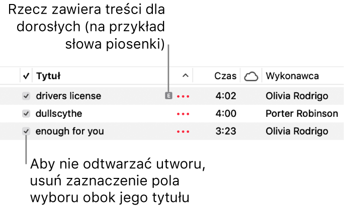 Fragment widoku utworów w kategorii Muzyka z widocznymi polami wyboru po lewej stronie. Pierwszy utwór oznaczony jest jako przeznaczony tylko dla osób dorosłych (ponieważ na przykład jego słowa zawierają wulgaryzmy). Jeśli utwór nie ma być odtwarzany, należy usunąć zaznaczenie jego pola wyboru.