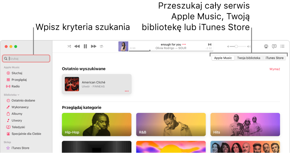 Okno Apple Music z polem wyszukiwania w lewym górnym rogu. Na środku okna widoczna jest lista kategorii. W prawym górnym rogu widoczny jest przełącznik umożliwiający szukanie w Apple Music, w Twojej bibliotece lub w iTunes Store. Wprowadź kryteria wyszukiwania w polu Szukaj, a następnie wybierz, czy chcesz szukać w całej zawartości Apple Music, tylko w swojej bibliotece, czy w iTunes Store.