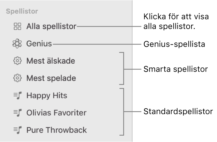 Musik-sidofältet med de olika typerna av spellistor: vanliga spellistor, smarta spellistor och Genius-spellistor. Klicka på Alla spellistor för att visa alla.