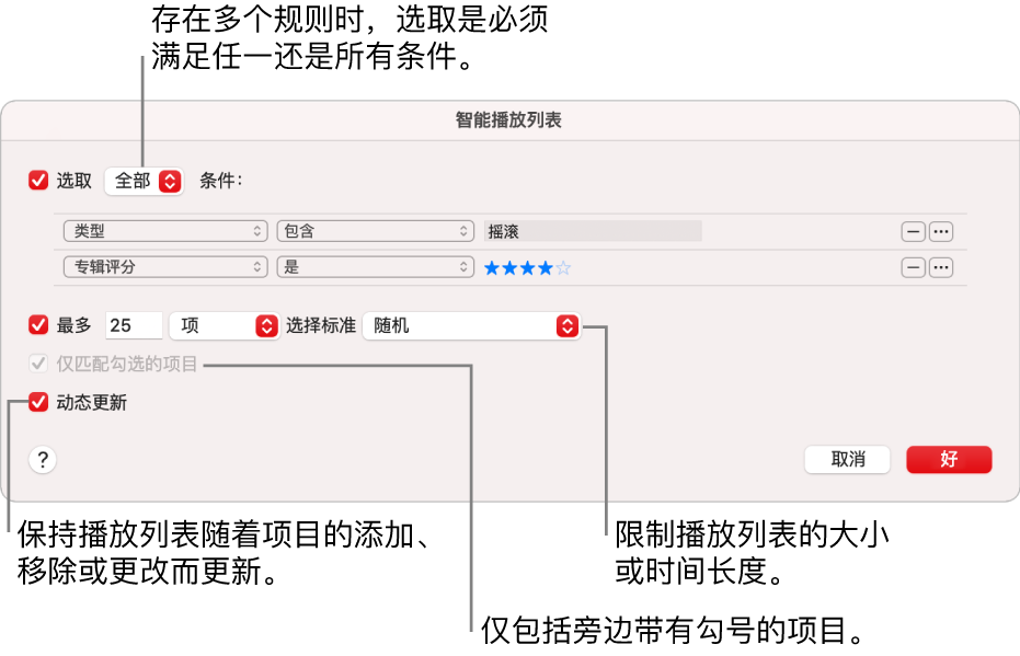 智能播放列表对话框：在左上角选择“匹配”，然后指定播放列表的匹配标准（如类型或评分）。通过点按右上角的“添加”或“移除”按钮来继续添加或移除规则。在对话框的下半部分中选择各种选项，如限制播放列表的大小或时长、包括仅勾选的歌曲或者让“音乐”随资料库中项目的变化而更新播放列表。