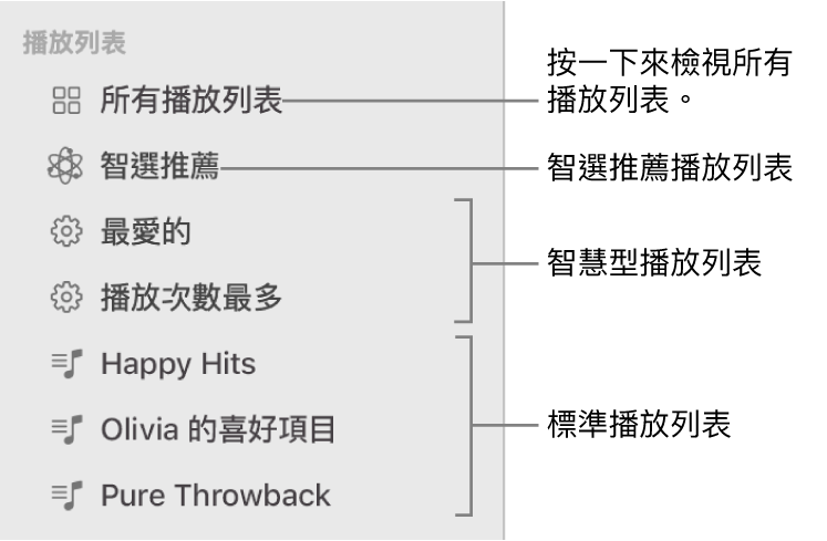 「音樂」側邊欄顯示各種類型的播放列表：「智選推薦」、「智慧型」和標準播放列表。按一下「所有播放列表」來檢視全部。