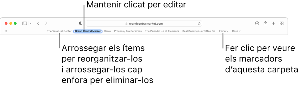 La barra de favorits amb diversos marcadors i una carpeta de marcadors. Per editar un marcador o una carpeta de la barra, fes-hi clic i mantén-ho premut. Per reordenar els ítems de la barra, arrossega’ls. Per eliminar un ítem, arrossega’l fora de la barra.