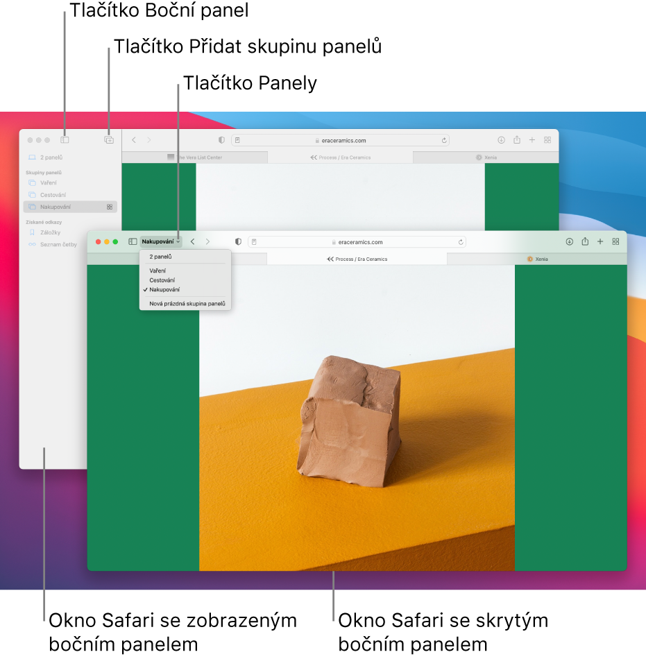 Skupiny panelů ve dvou oknech Safari. V jednom okně jsou skupiny panelů zobrazené v seznamu označeném šipkou dolů, který se nachází na panelu nástrojů vedle tlačítka bočního panelu. Ve druhém okně jsou tytéž skupiny panelů umístěny na bočním panelu.