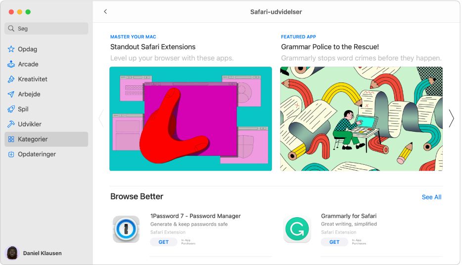 Hovedsiden for Mac App Store. Indholdsoversigten til venstre indeholder links til forskellige områder i butikken, f.eks. Arcade og Kreativitet, og Kategorier er valgt. Til højre ses kategorien Safari-udvidelser.