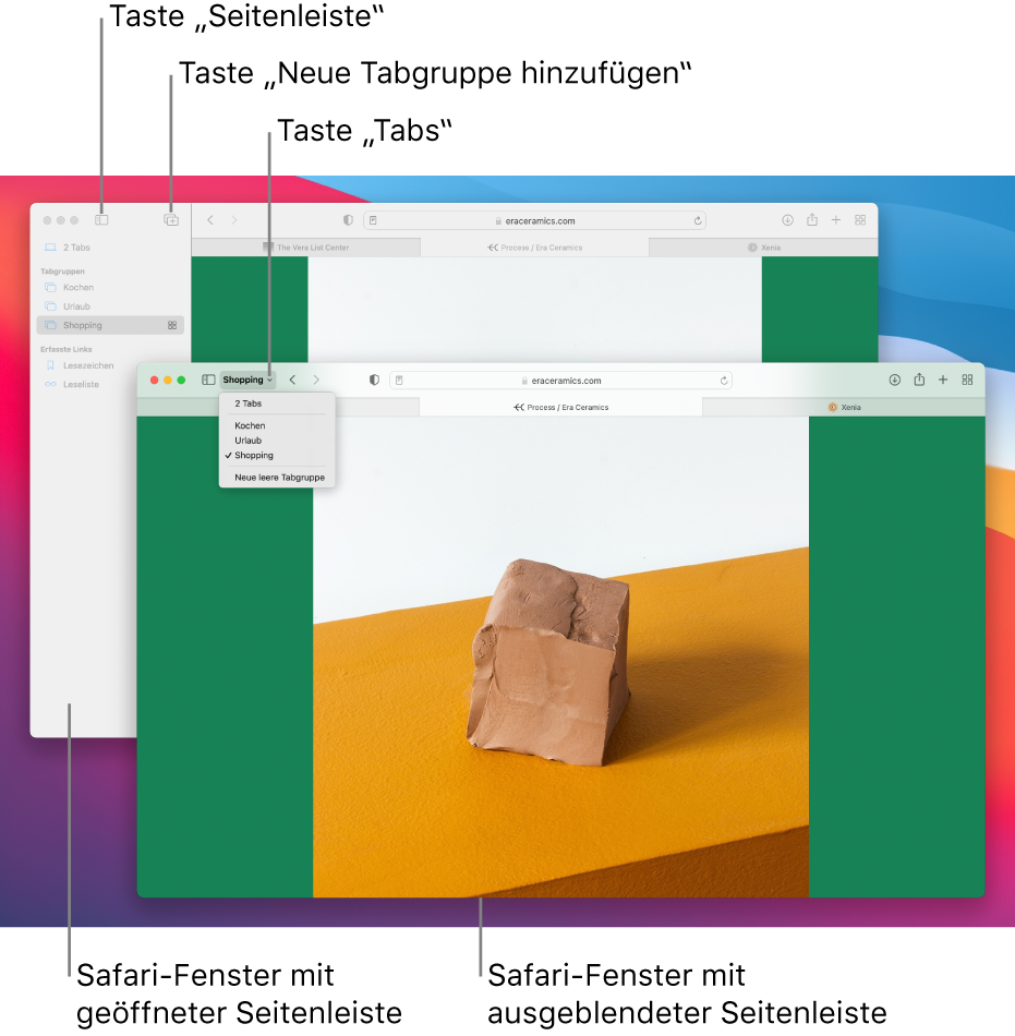 Tabgruppen in zwei Safari-Fenstern. Ein Fenster zeigt die Tabgruppe in einer Liste unter dem Abwärtspfeil neben der Taste für die Seitenleiste in der Symbolleiste. Das andere Fenster zeigt die gleiche Tabgruppe in der Seitenleiste.