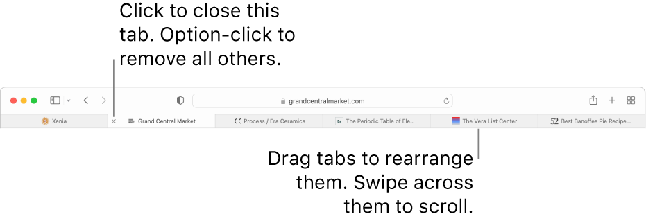 The Safari window with tabs.