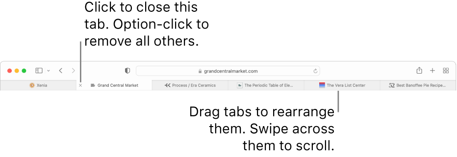 The Safari window with tabs.