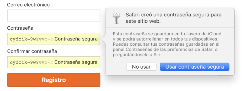 Página para crear una cuenta, mostrando una contraseña creada automáticamente y la opción de usarla o rechazarla.