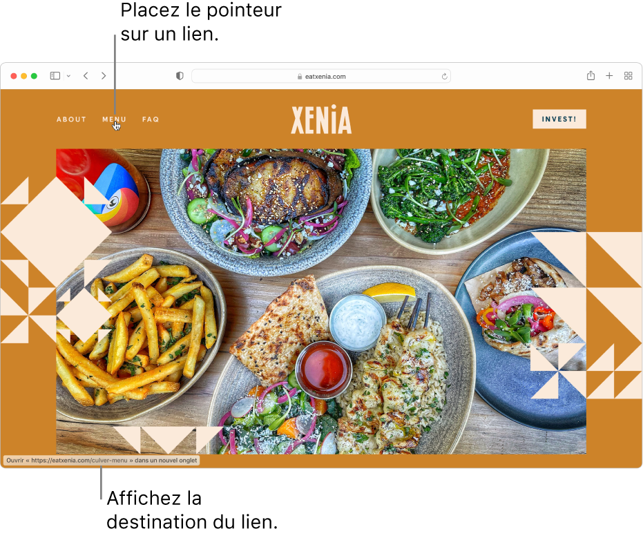 Le pointeur placé sur un lien d’une page web, l’URL du lien étant affichée dans la barre d’état au bas de la fenêtre.