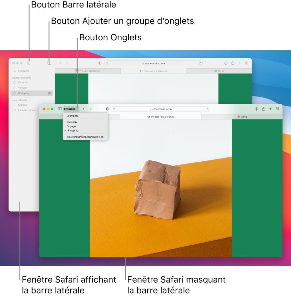 Groupes d’onglets dans deux fenêtres Safari. Une fenêtre montre les groupes d’onglets dans une liste sous la flèche vers le bas en regard du bouton de la barre latérale dans la barre d’outils. L’autre fenêtre montre les mêmes groupes d’onglets dans la barre latérale.