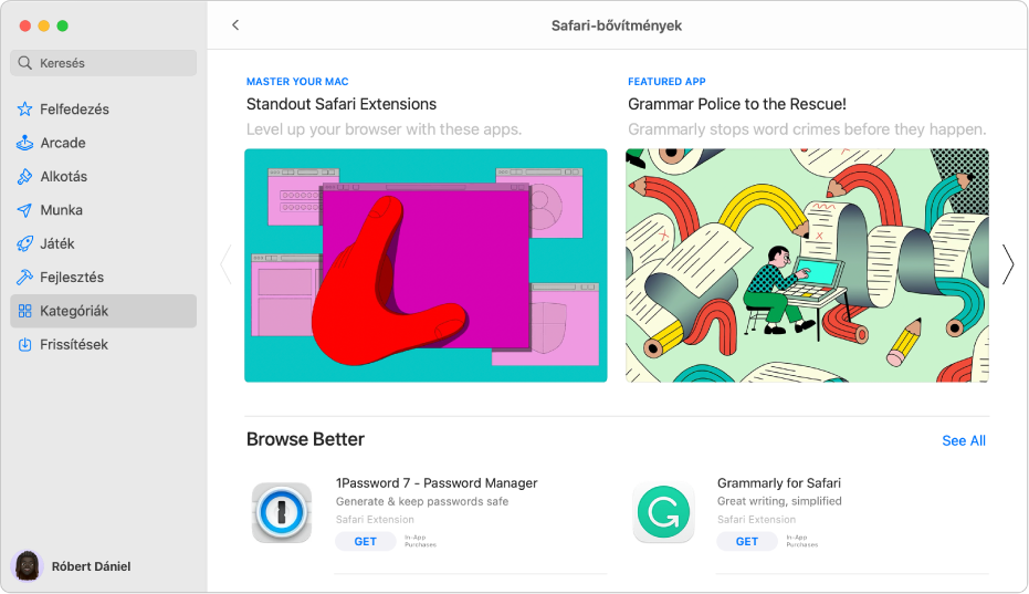 A Mac App Store kezdőlapja A bal oldali oldalsávon az áruház különböző területeire mutató hivatkozások láthatók, például Arcade és Létrehozás. A Kategóriák elem pedig ki van választva. A jobb oldalon a Safari-bővítmény kategória látható.
