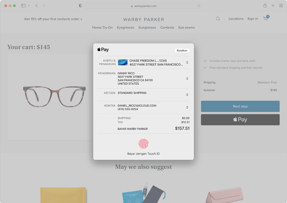 Situs perbelanjaan populer yang mengizinkan Apple Pay, dan detail pembelian Anda termasuk kartu kredit mana yang ditagih, informasi pengiriman, informasi toko, dan harga pembelian.