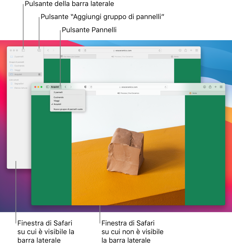 Gruppi di pannelli in due finestre di Safari. Una finestra mostra i gruppi di pannelli in un elenco sotto la freccia verso il basso accanto al pulsante della barra laterale nella barra degli strumenti. L'altra finestra mostra gli stessi gruppi di pannelli nella barra laterale.