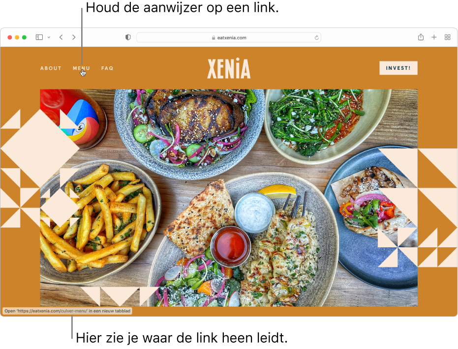 De aanwijzer op een link op een webpagina en de URL van de link in de statusbalk onder in het venster.