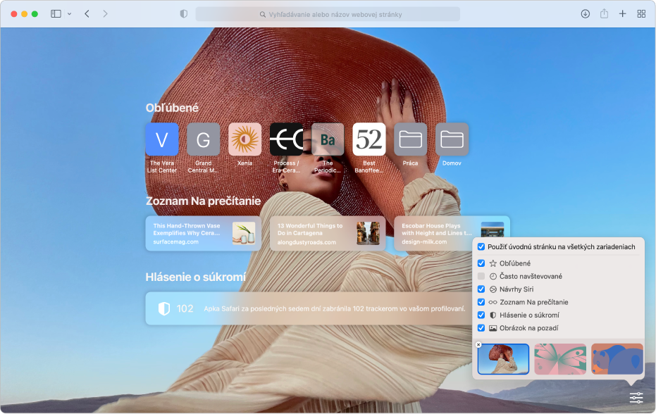 Úvodná stránka Safari zobrazujúca obľúbené webové stránky, zoznam Na prečítanie, zhrnutie Hlásenie o súkromí a možnosti prispôsobenia.