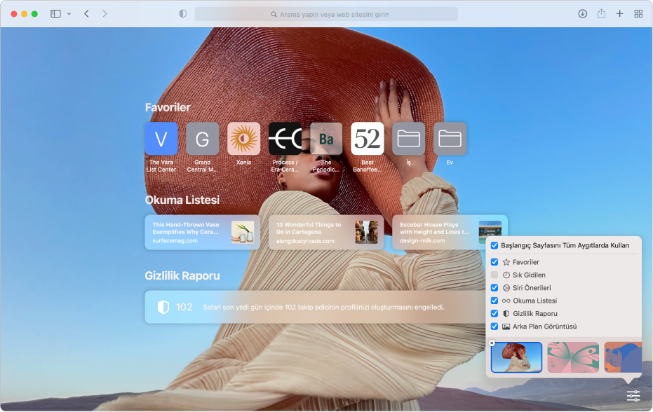 Safari başlangıç sayfası; favori web sitelerini, Okuma Listesini, Gizlilik Raporu özetini ve özelleştirme seçeneklerini gösteriyor.
