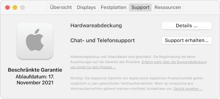 Der Bereich „Support“ in den Systeminformationen. Der Bereich zeigt, dass für den Mac eine beschränkte Garantie gilt sowie das zugehörige Ablaufdatum. Die Tasten „Details“ und „Support erhalten“ befinden sich rechts.