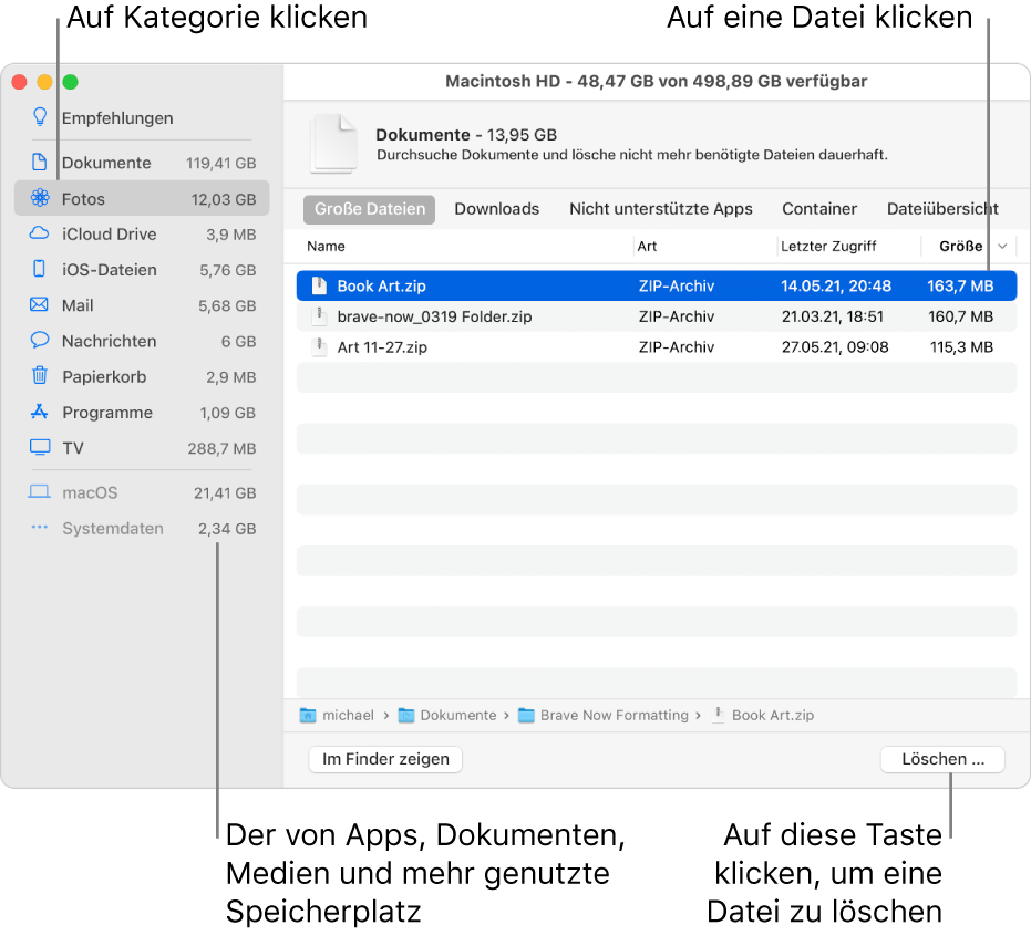 Sieh dir die verschiedenen Dateikategorien an, um festzustellen, wie viel Speicherplatz verwendet wird, um Dateien zu finden und um nicht mehr benötigte Dateien zu löschen.