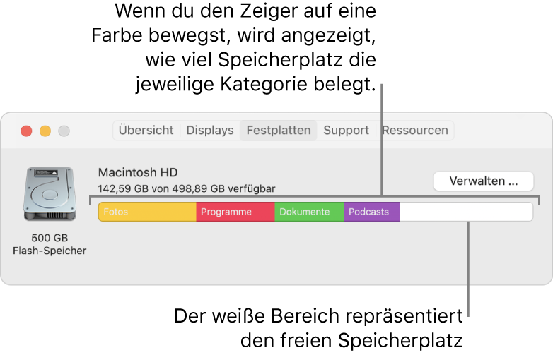 Wenn du den Zeiger auf eine Farbe bewegst, wird angezeigt, wie viel Speicherplatz die jeweilige Kategorie belegt. Der weiße Bereich repräsentiert den freien Speicherplatz.