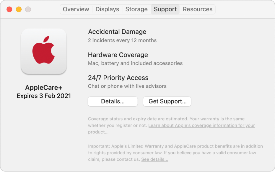 The Support pane in System Information. The pane shows the Mac is covered under AppleCare+. The Details and Get Support buttons are near the bottom.