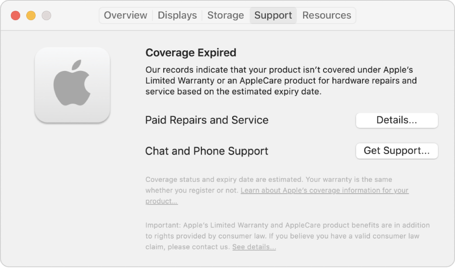 The Support pane in System Information. The pane shows the Mac is no longer covered under Limited Warranty. The Details and Get Support buttons are on the right.