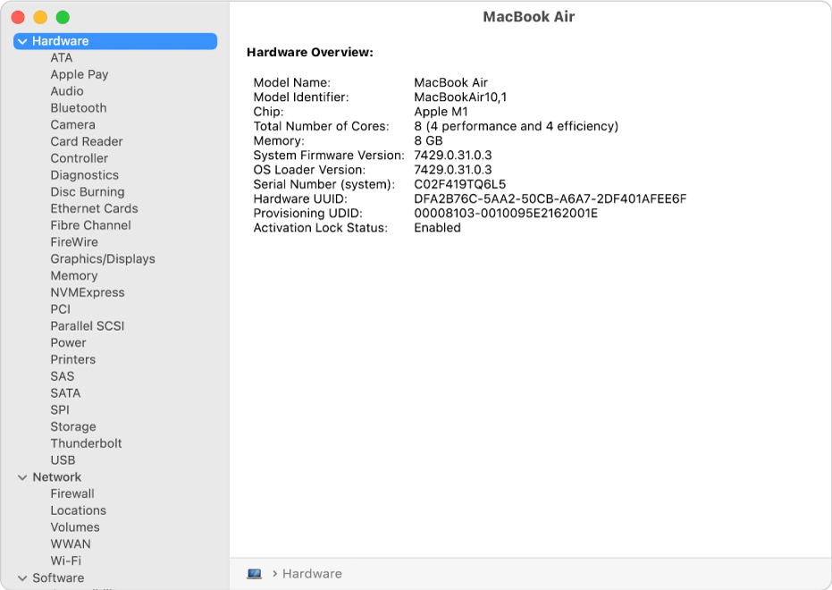 The Hardware specifications section of a system report.