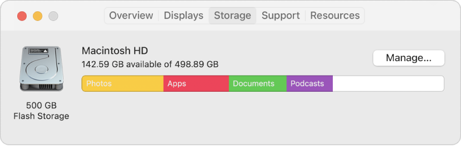 The Storage pane in System Information, showing a graphical representation of your storage.