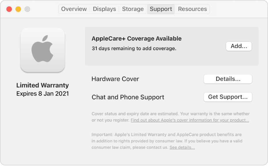 The Support pane in System Information. The pane shows the Mac is covered under Limited Warranty and is eligible for AppleCare+. The Add, Details and Get Support buttons are on the right.