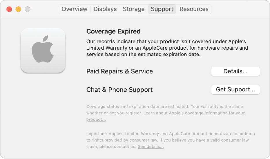 The Support pane in System Information. The pane shows the Mac is no longer covered under Limited Warranty. The Details and Get Support buttons are on the right.