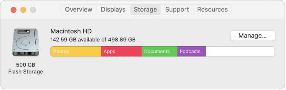 The Storage pane in System Information, showing a graphical representation of your storage.